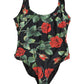 Black Floral Print One Piece Swimsuit Swimwear